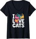 Womens I Love Cats Colorful Cute Kitty Heart Yarn V-Neck
