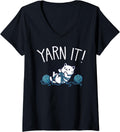Womens Cute Cat Yarn Play V-Neck