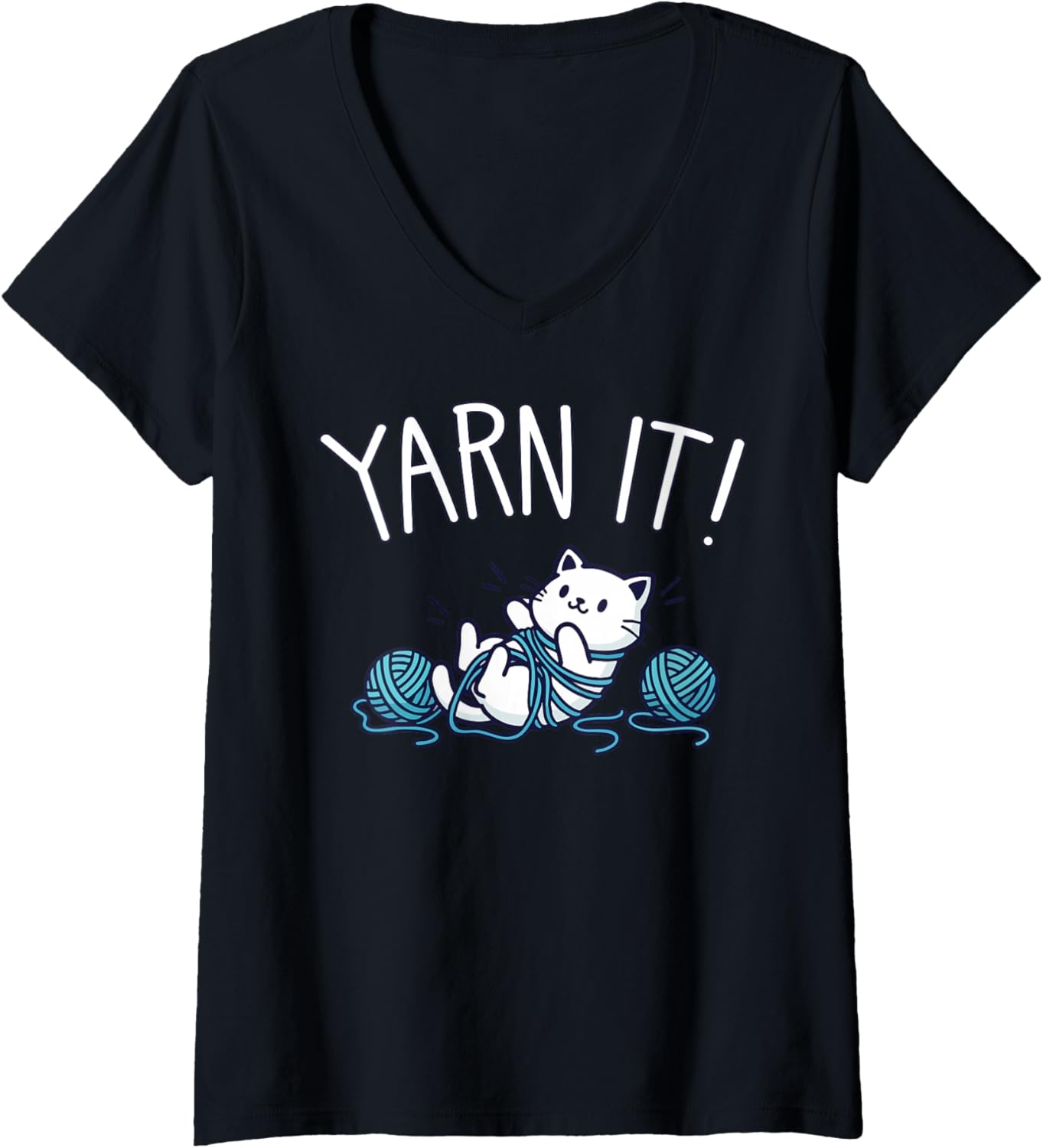 Womens Cute Cat Yarn Play V-Neck