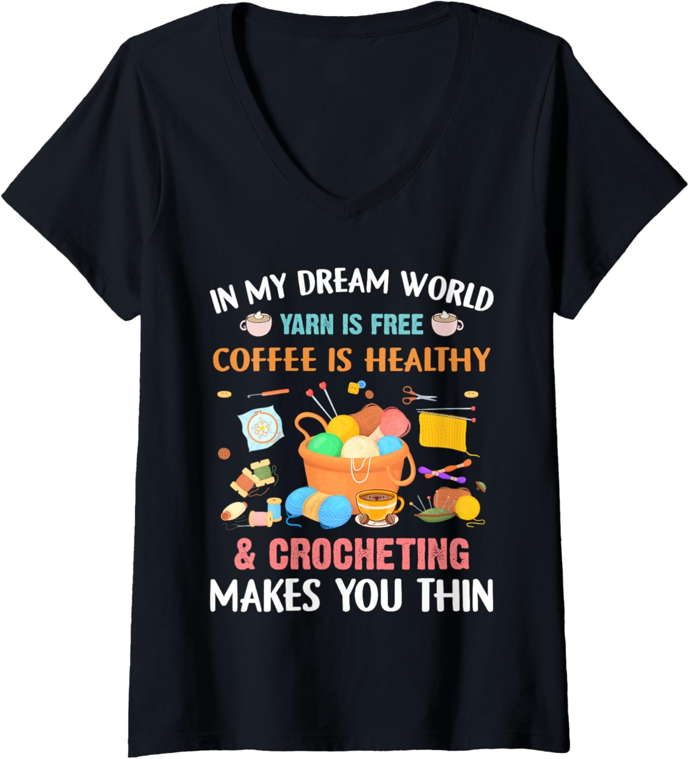 Womens Funny Crochet Yarn Coffee Lover Knitting Collecting Yarn V-Neck