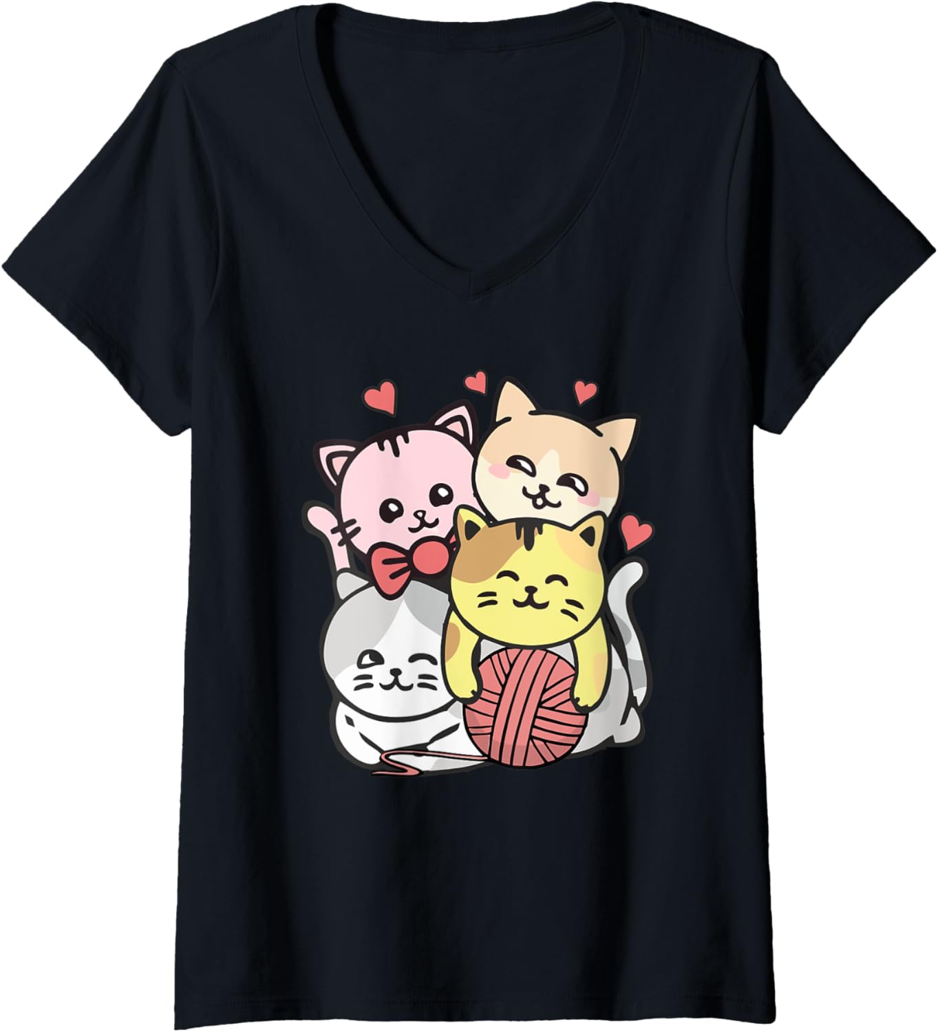 Womens Cats Cute Mountain Kitten Pile Anime Neko Kawaii Cat Yarn V-Neck