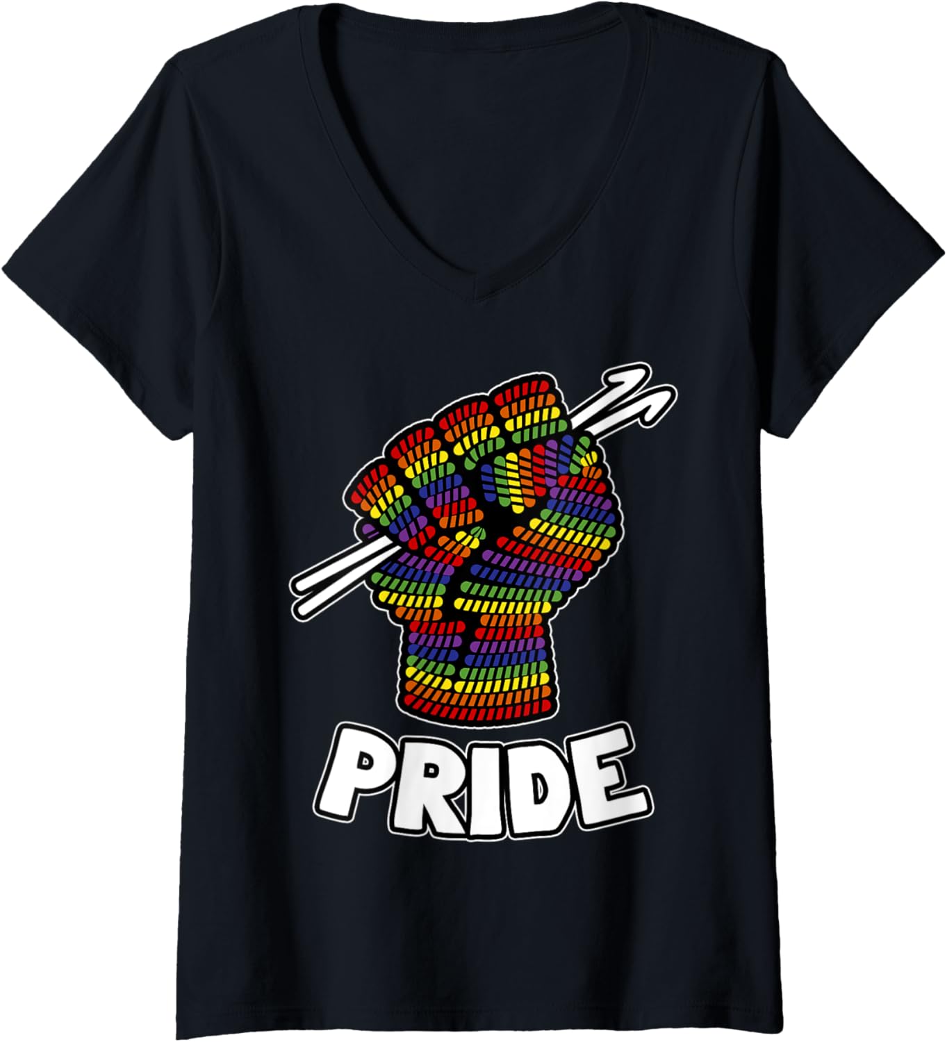 Womens LGBT Gay Pride Month Crochet Yarn Rainbow Raised Fist Symbol V-Neck