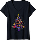 Womens Sewing Machine Sewing Yarn Quilting Christmas Tree V-Neck