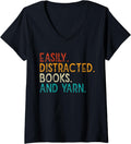 Womens Easily Distracted by Knitting Books And Yarn Quote Reader V-Neck