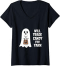 Womens Will Trade Candy For Yarn Ghost Bats Halloween V-Neck