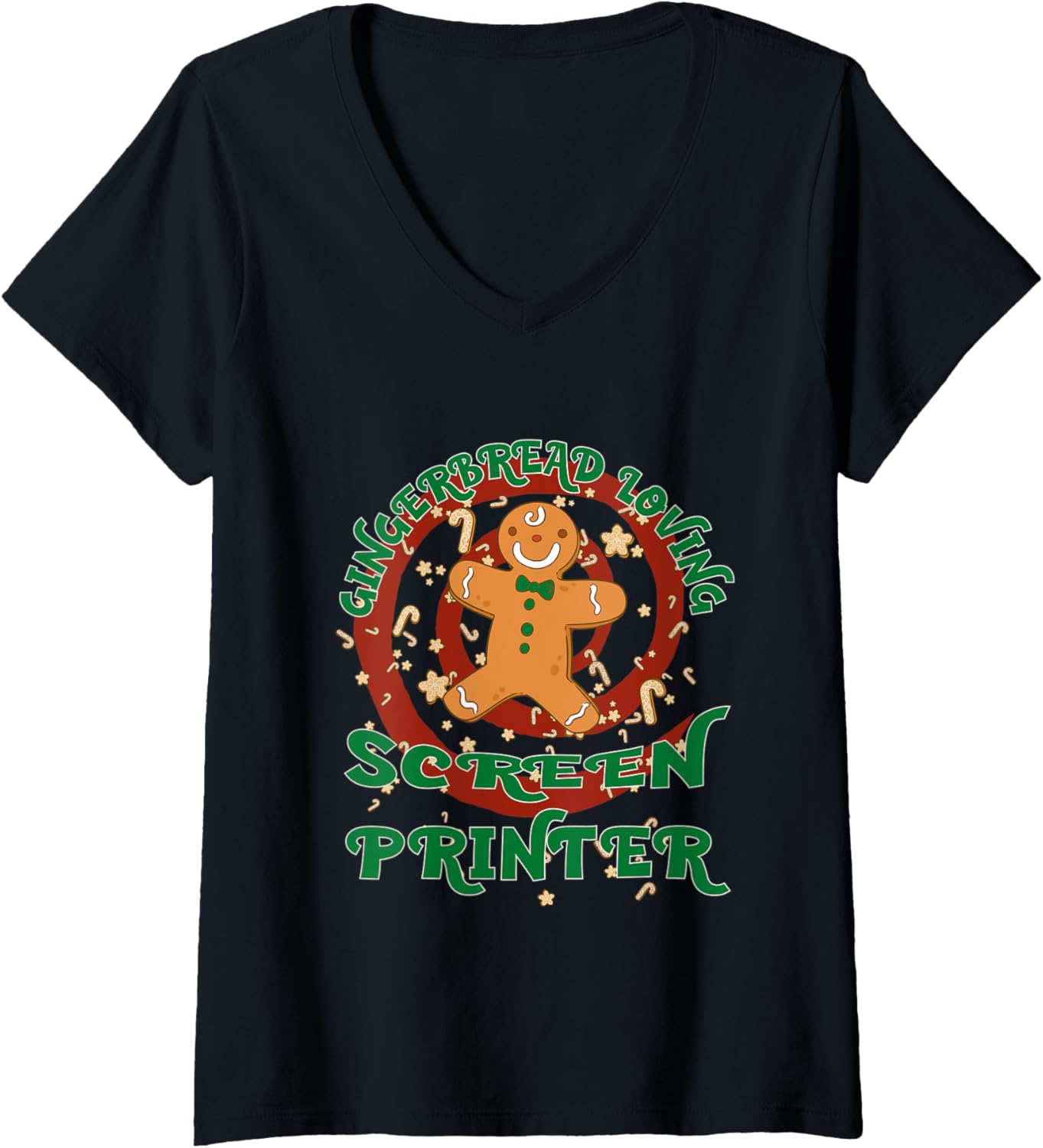 Womens Screen Printer Job Gingerbread Funny Xmas V Neck