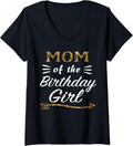 Womens Mom Of The Birthday Girl Matching Family Gold Design Mommy V Neck