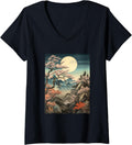 Womens Night Time Cherry Blossom Woodblock Japanese Graphical Tee V Neck