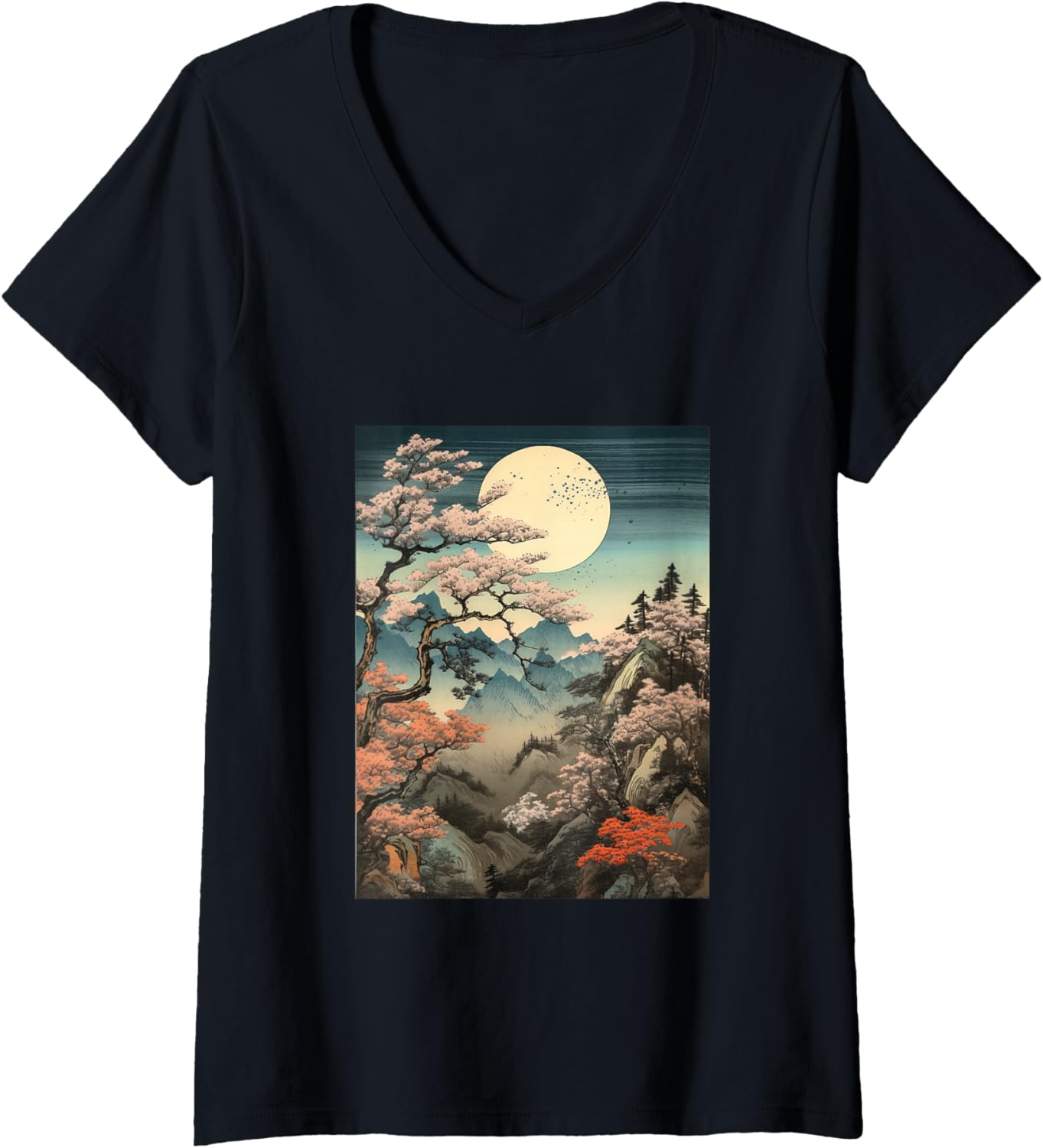 Womens Night Time Cherry Blossom Woodblock Japanese Graphical Tee V Neck