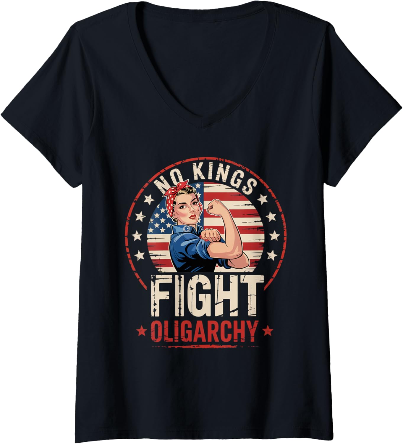 Womens Vintage No Kings Fight Oligarchy Womans Girl America Flag V Neck