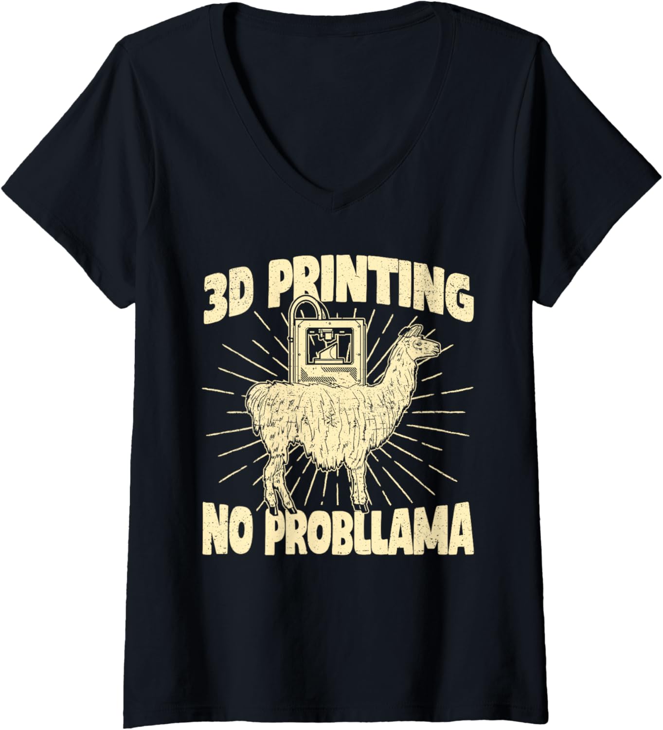 Womens 3D Printing No Problllama Funny Llama 3D Printer V Neck