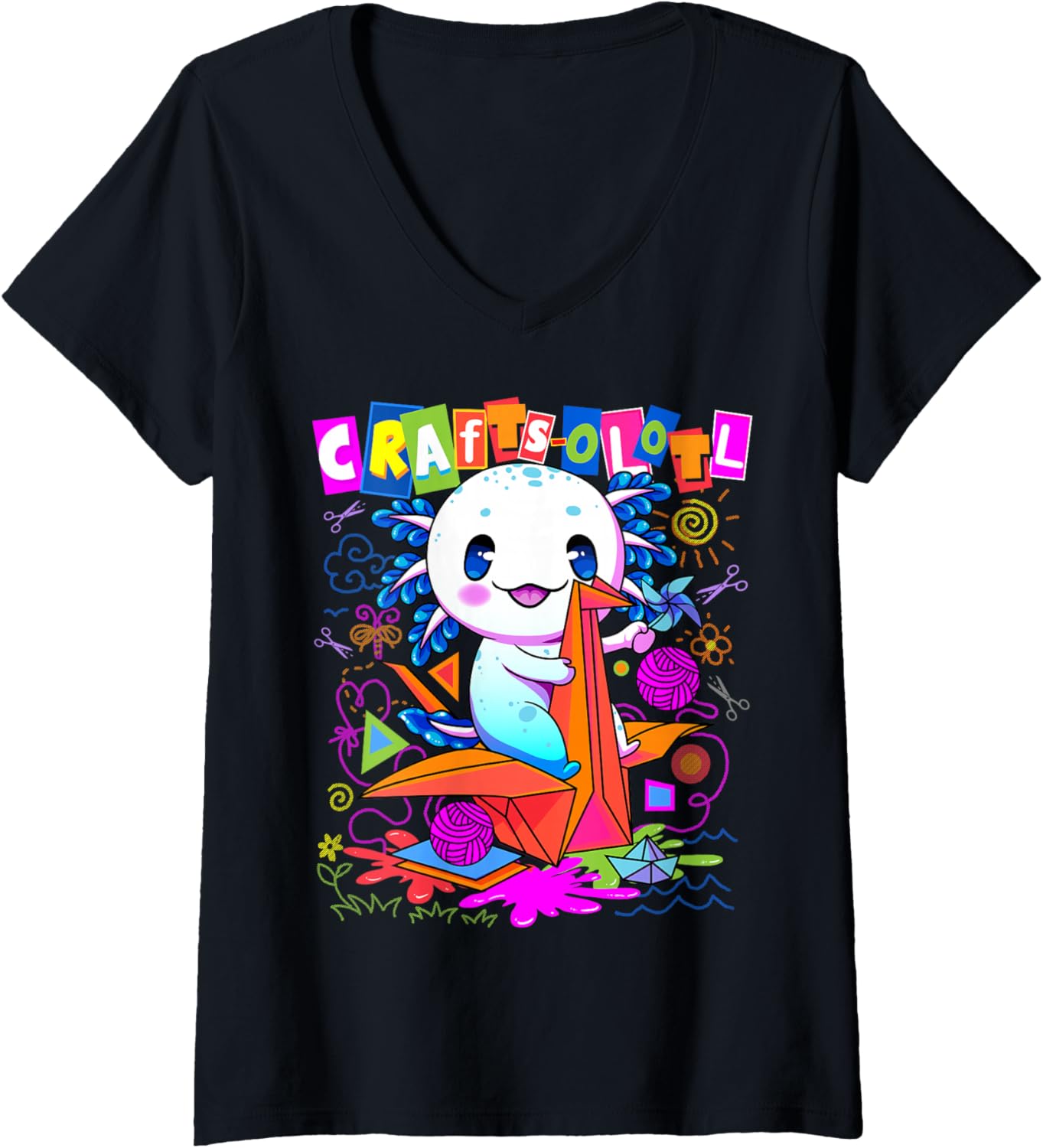Womens Craftsolotl Crafting Axolotl Craft Sewing Yarn Paper Origami V-Neck