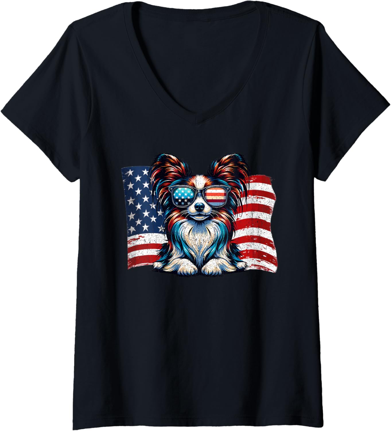 Womens Papillon American Flag Dogs Sunglasses Patriotic Vintage V Neck