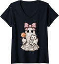 Womens Ghost Coquette Knitting Crafting Yarn Crocheting Halloween V-Neck