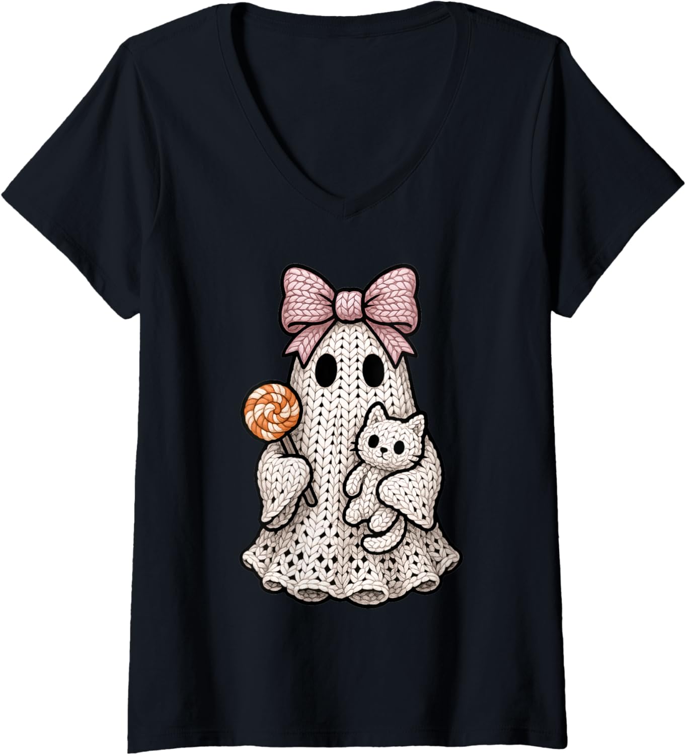 Womens Ghost Coquette Knitting Crafting Yarn Crocheting Halloween V-Neck