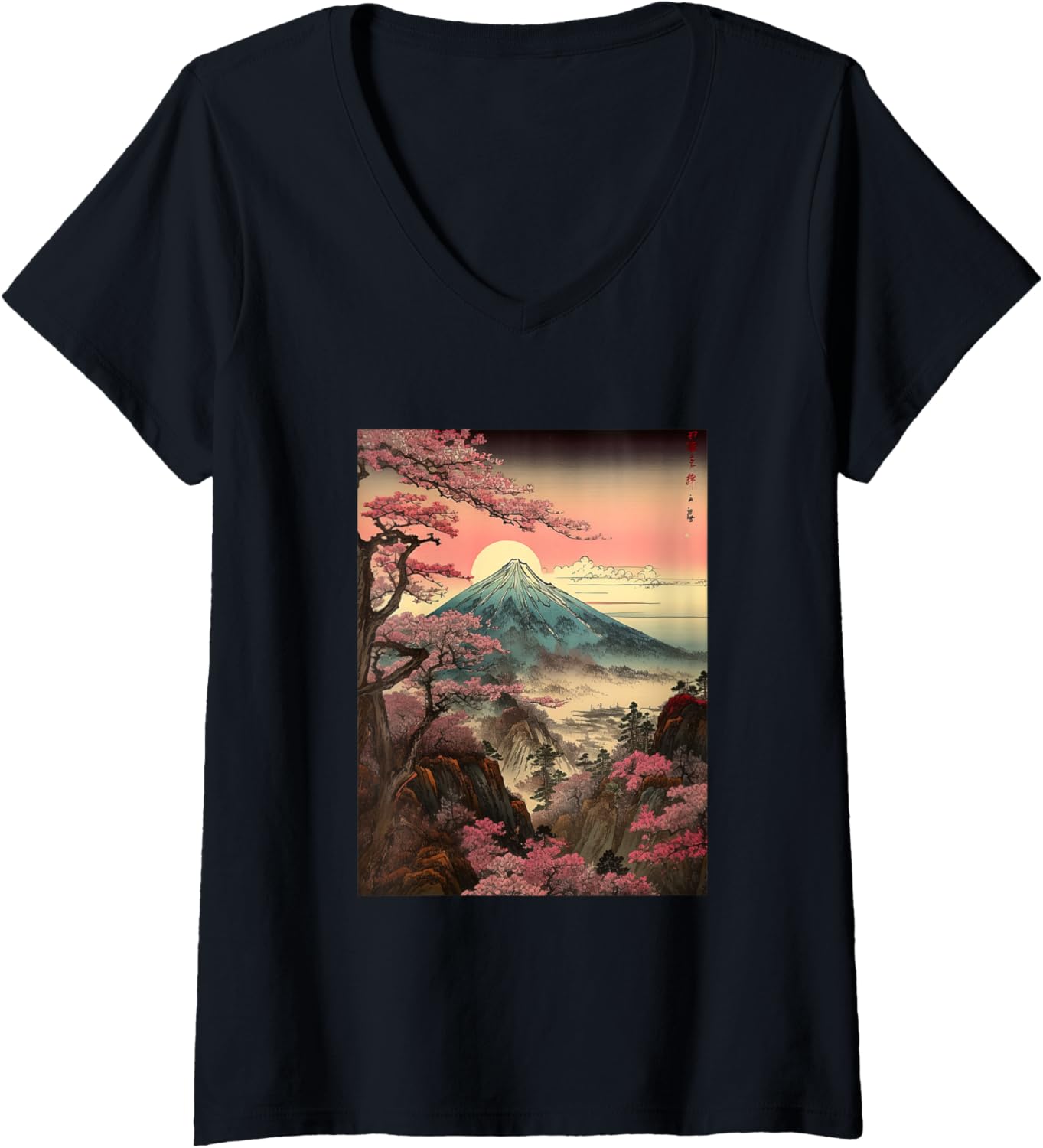 Womens Retro Hip Cherry Blossom Woodblock Japanese Graphical V Neck