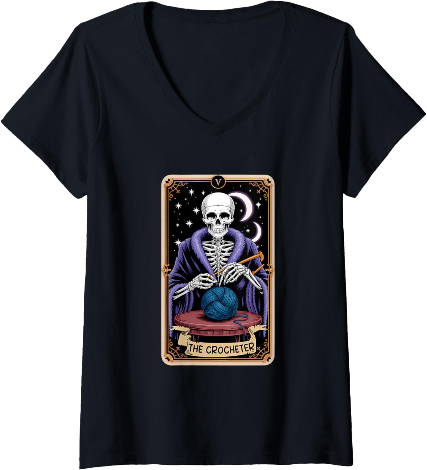 Womens The Crocheter Tarot Card Funny Gothic Skeleton Yarn Lover V-Neck