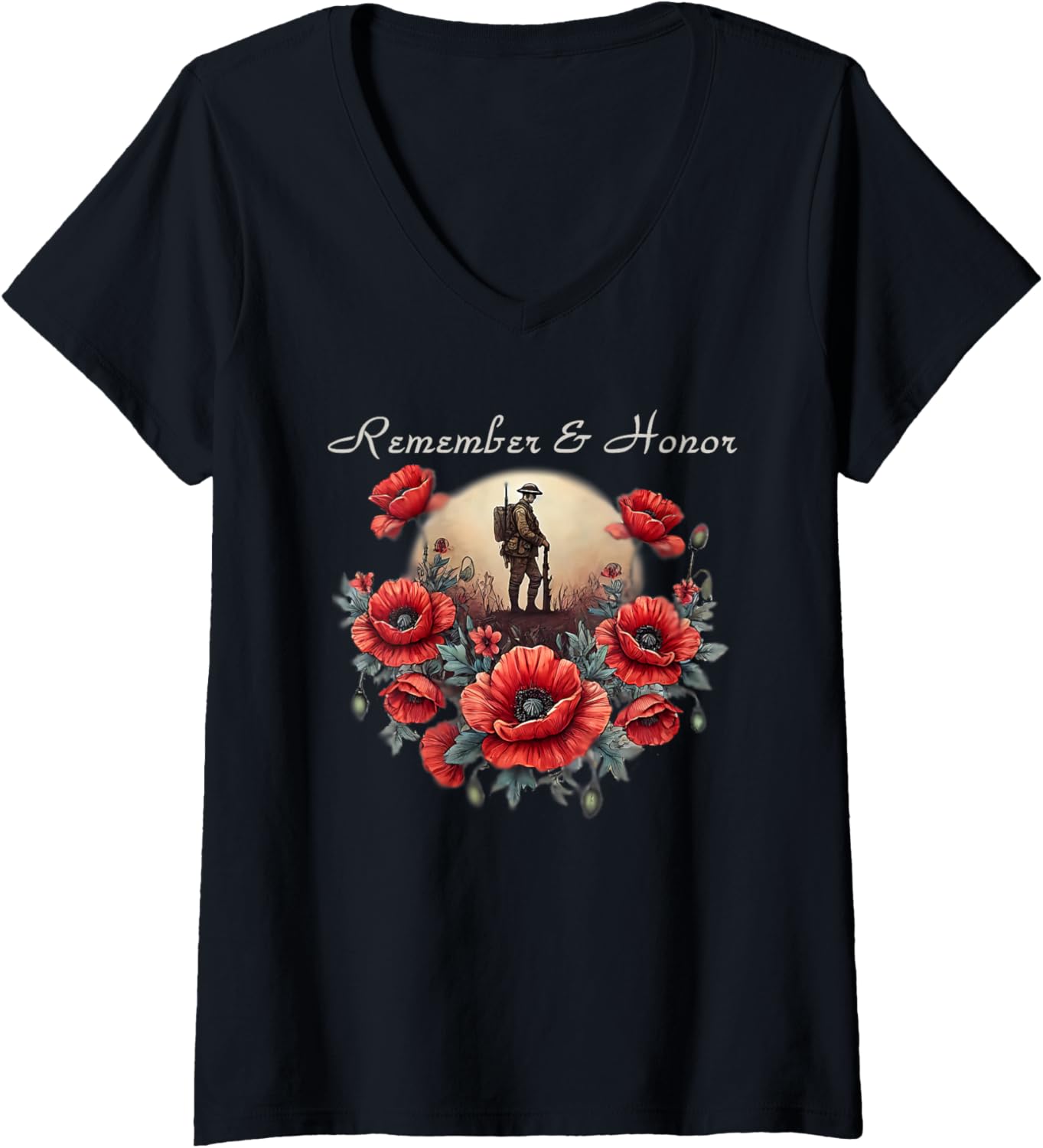 Womens Veterans Day 2024 Usa Memorial Day Red Poppy Flower Military V Neck