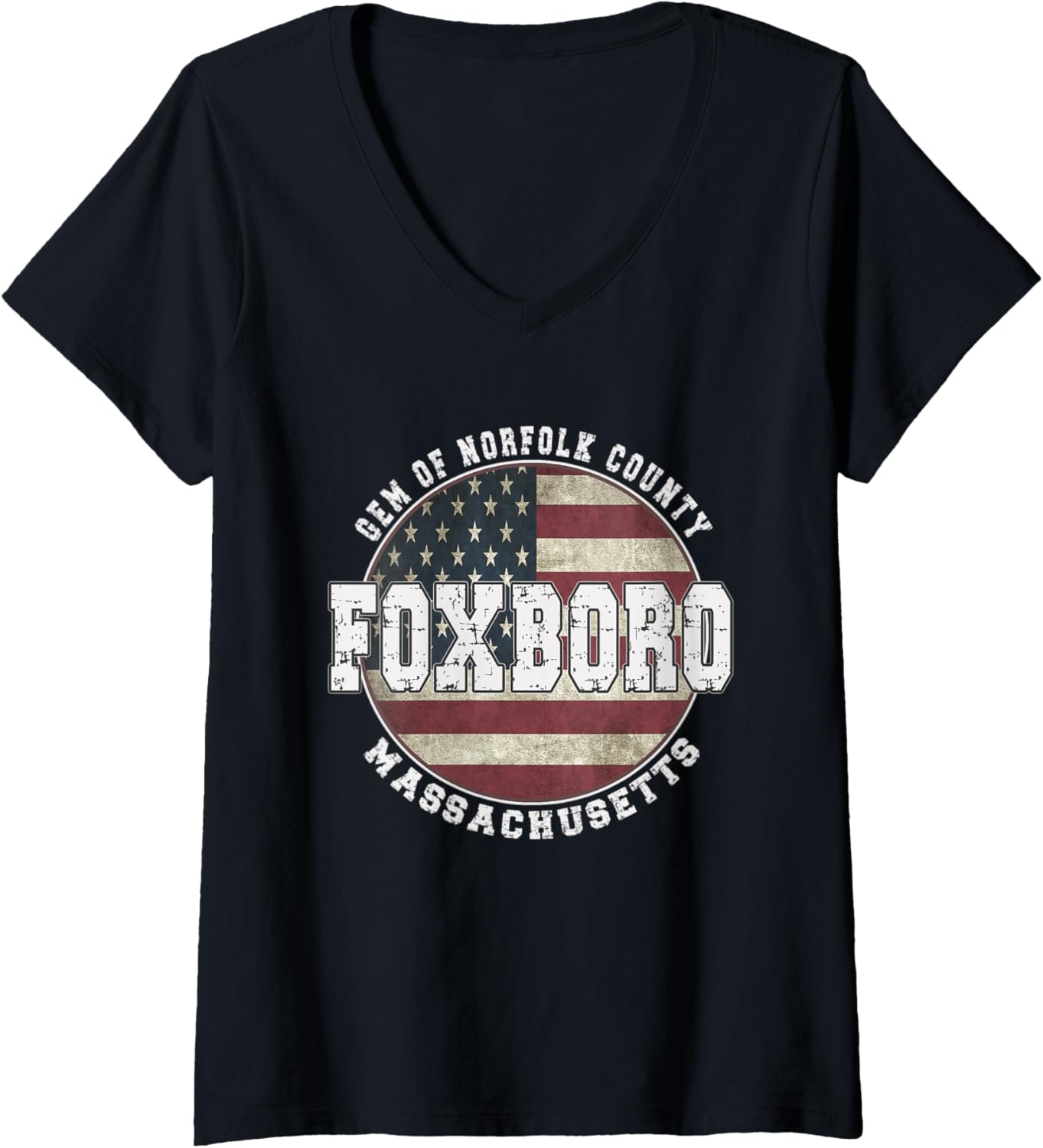 Womens Foxboro Massachusetts Vintage American Flag V Neck