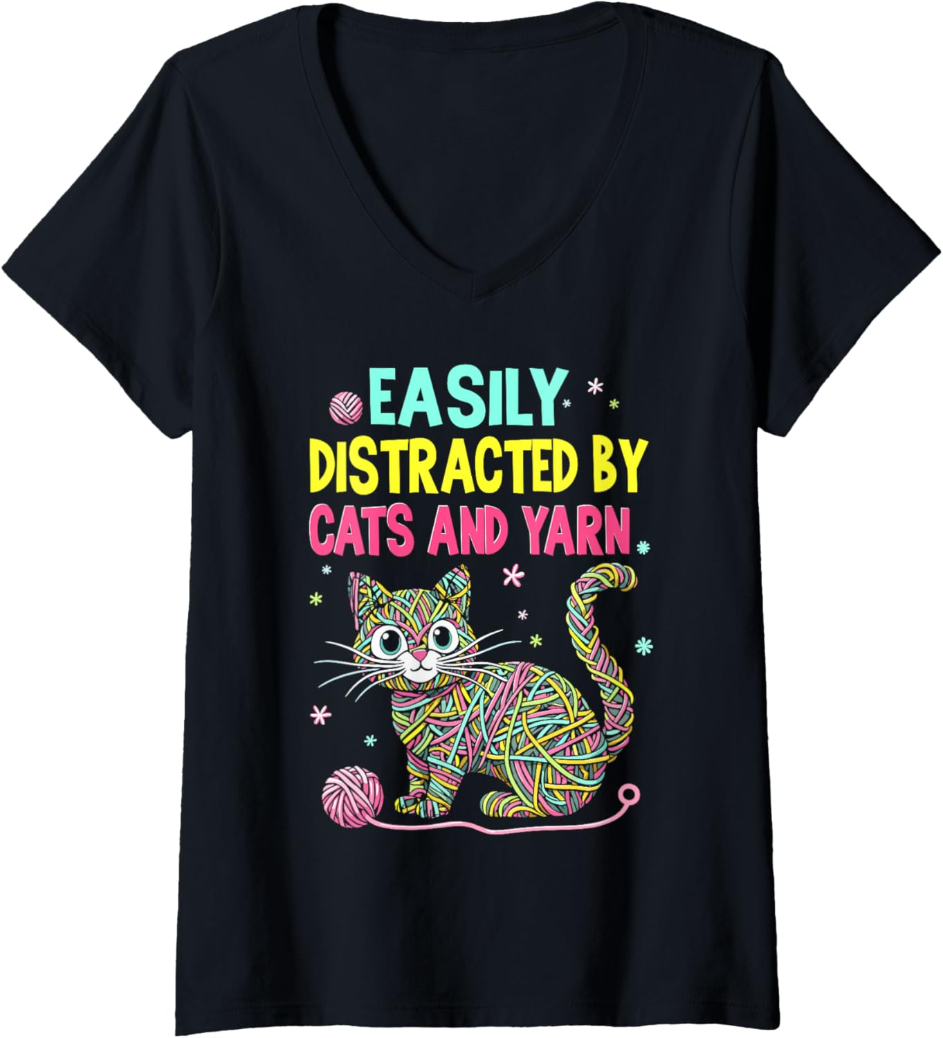 Womens Easily Distracted By Cats And Yarn Knitting Yarn Crochet cat V-Neck