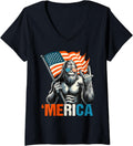 Womens Bigfoot Merica Rock American Flag Patriotic 4Th Of July V Neck