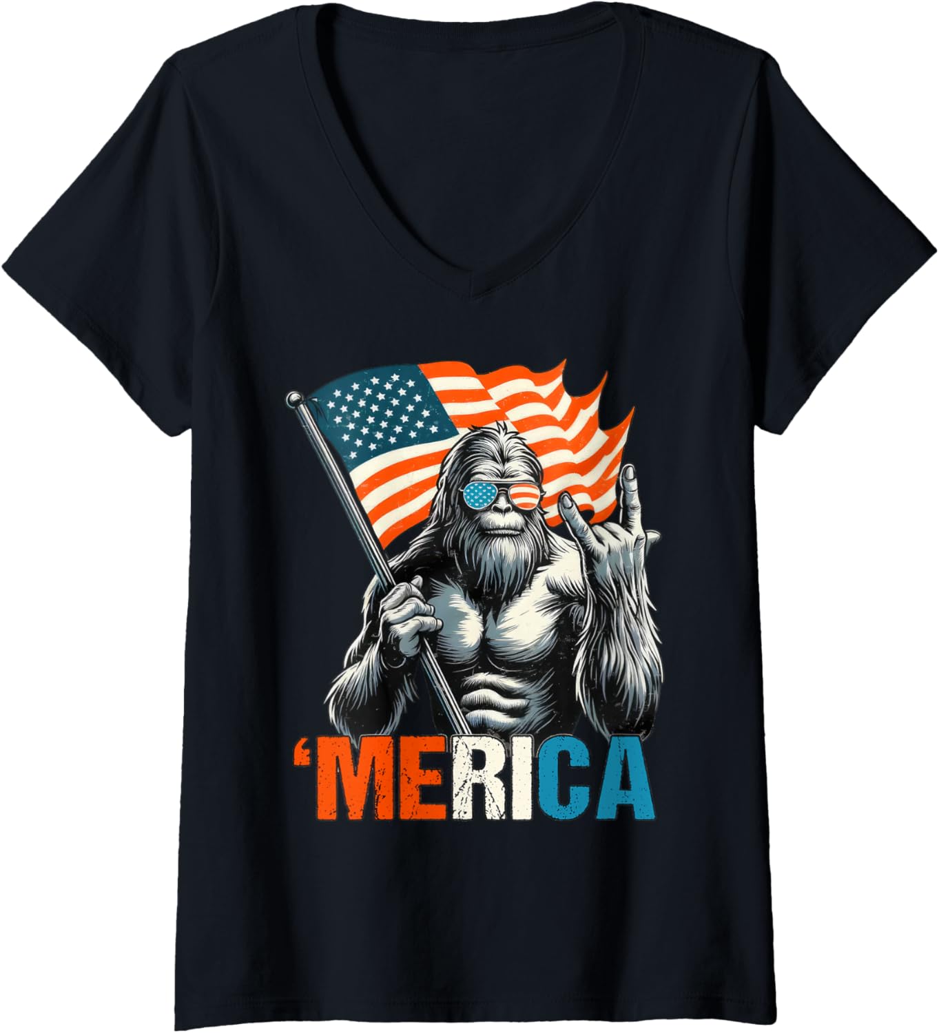 Womens Bigfoot Merica Rock American Flag Patriotic 4Th Of July V Neck