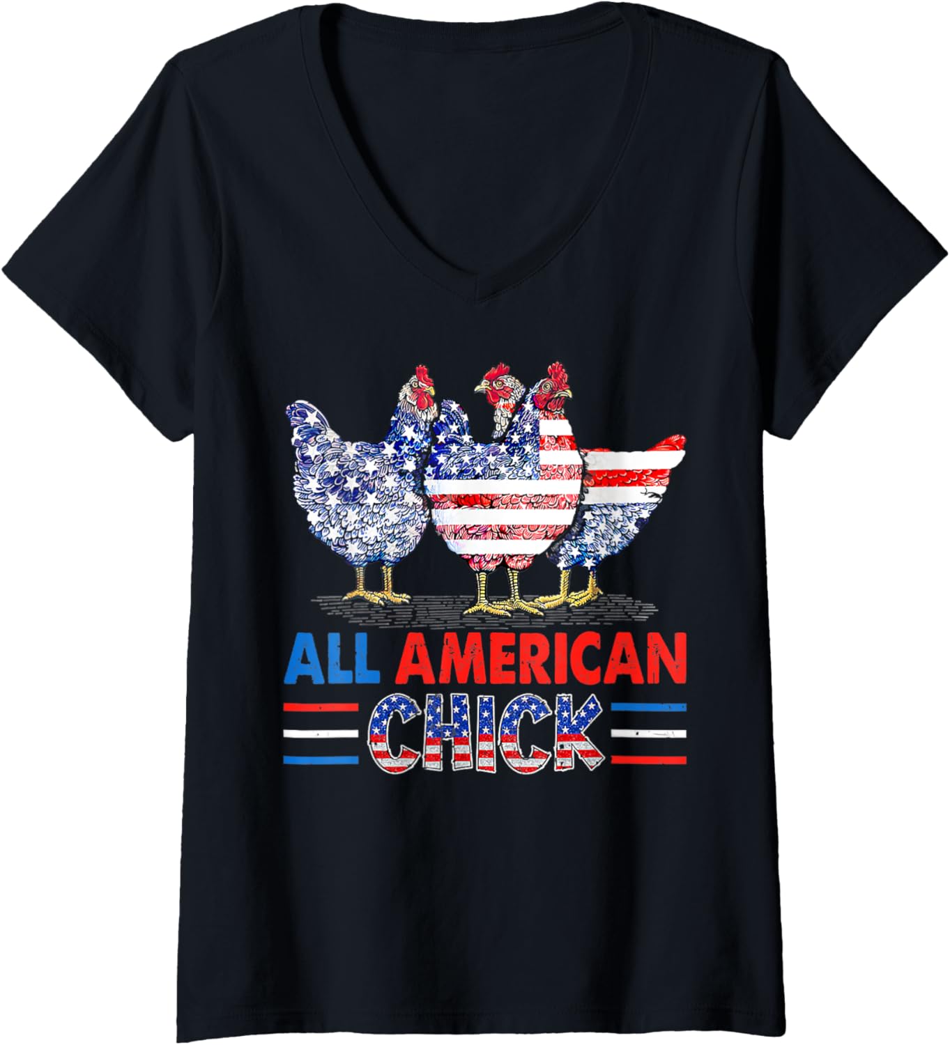 Womens All American Chicken Chick Patriotic Usa Flag 4Th Of July V Neck