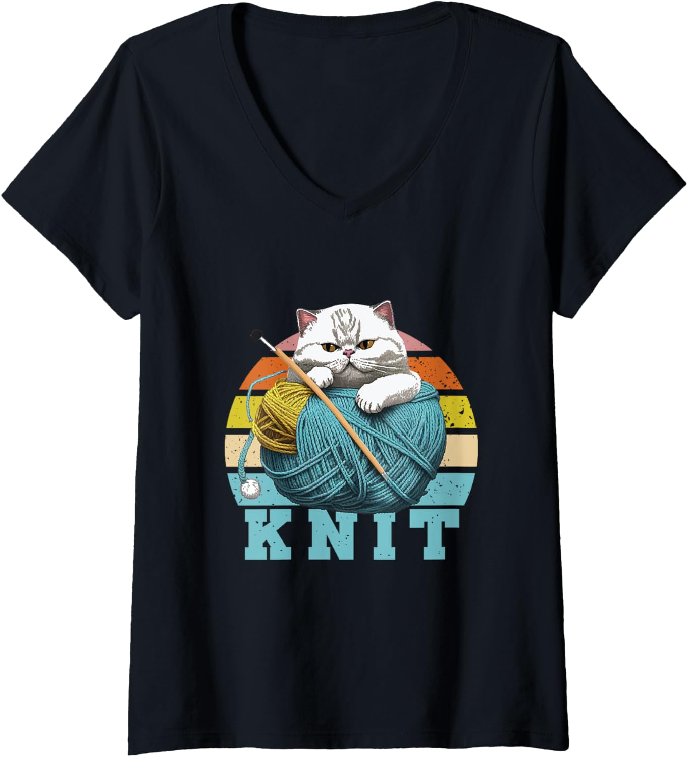 Knit | Retro Cat With Skein Of Yarn Wool | Knitter Crocheter V-Neck
