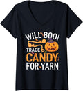 Womens Will Trade Candy For Yarn Pumpkin Halloween Kntting Crochet V-Neck