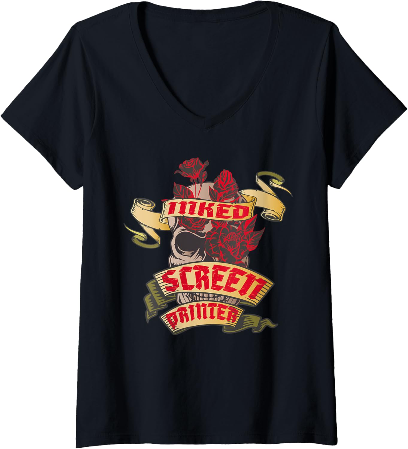 Womens Screen Printer Inked Skull Red Roses Tattoo V Neck