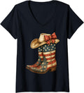 Womens Retro Western Cowboy Boots Cowgirl American Flag 4Th Of July V Neck
