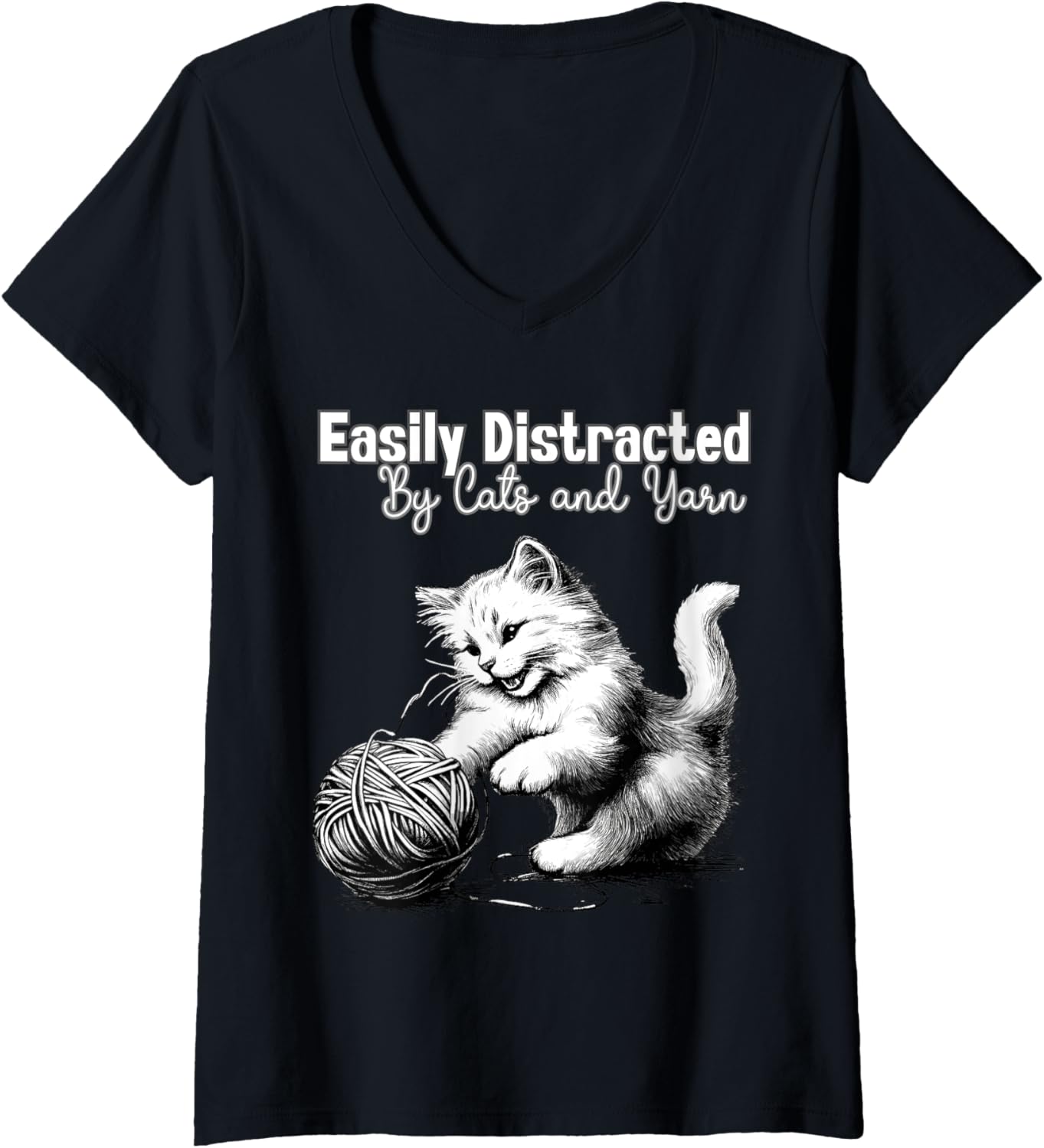 Womens Adorable Knitting and Crochet Happy Cat Yarn Lovers Gift V-Neck
