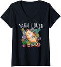 Womens Adorable Knitting and Crochet Happy Cat Yarn Lovers V-Neck