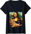 Womens Mona Lisa Holding Cat Kitty For Cats Lover Cat Dad Cat Mom V Neck
