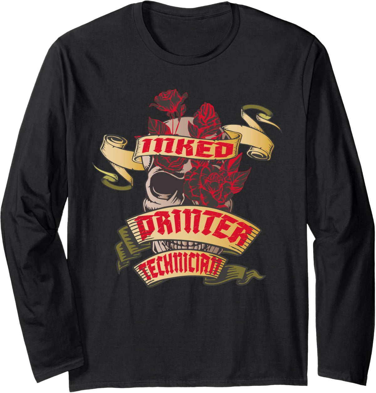 Printer Technician Inked Skull Red Roses Tattoo Long Sleeve