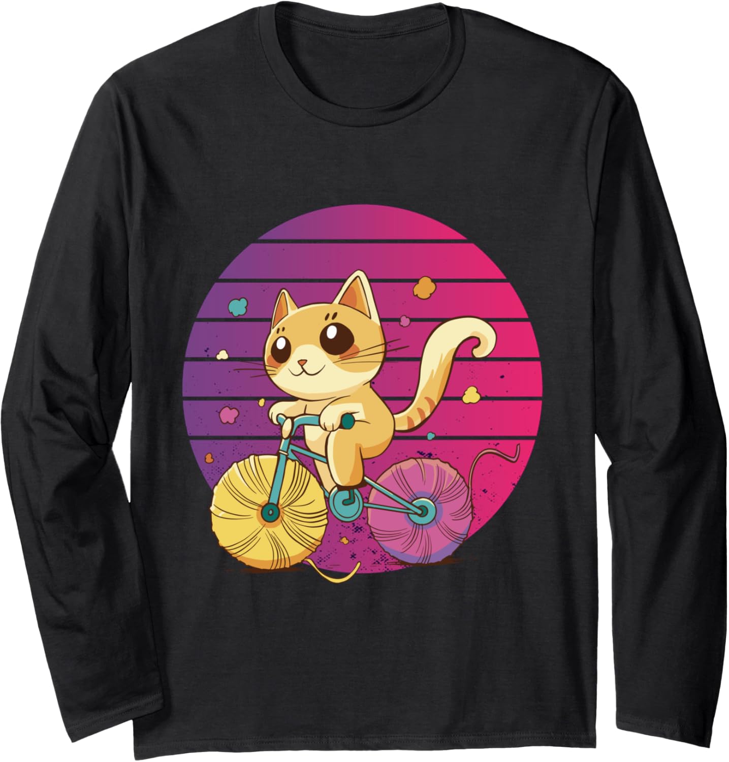 Cat on bike adorable kitty yarn wheels cat lovers cycling Long Sleeve