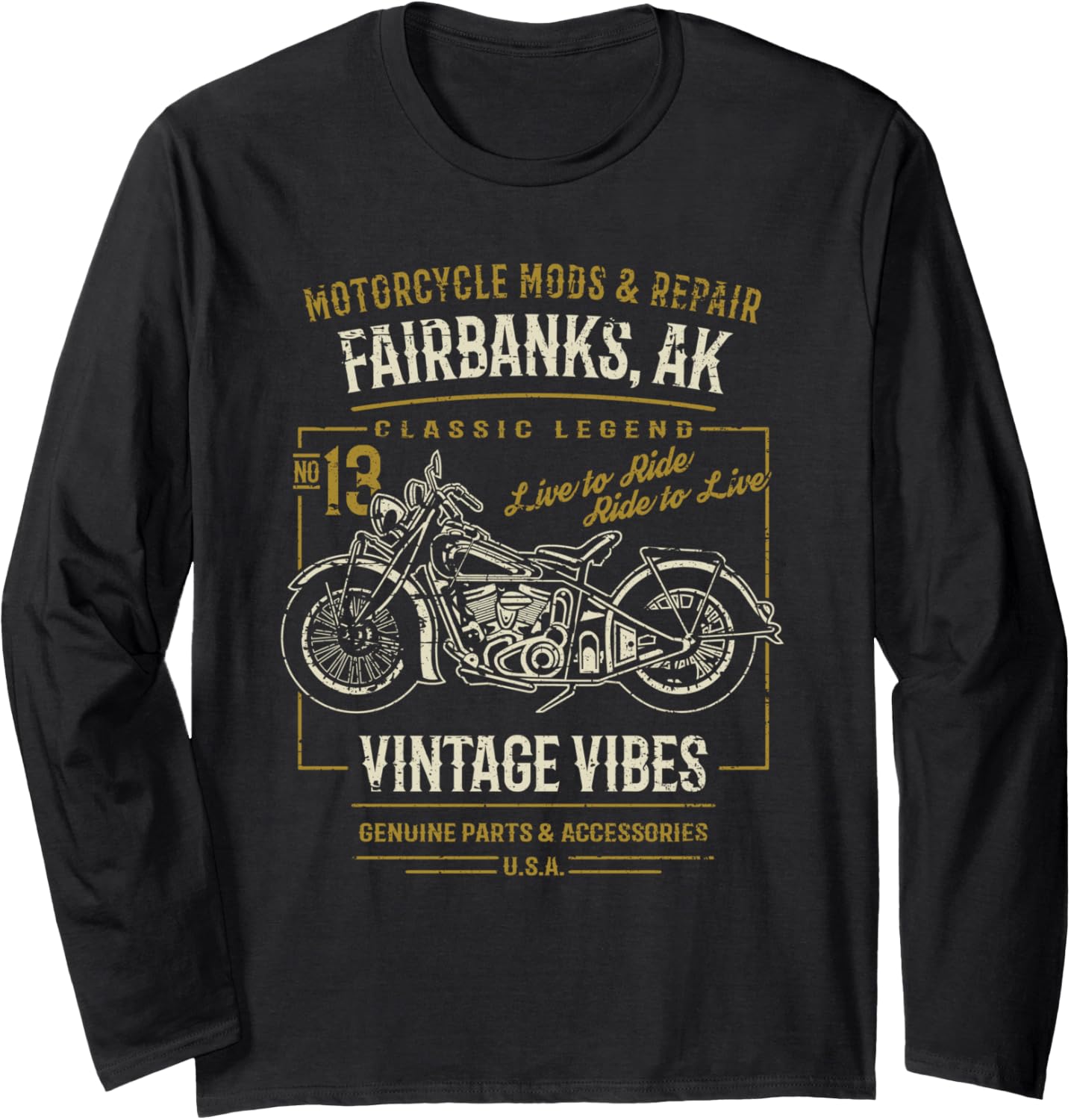 Fairbanks Alaska Usa Retro Motorcycle Distressed Design Long Sleeve