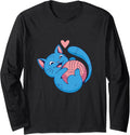 Blue Cat Cuddling With Yarn Heart Knitting Long Sleeve