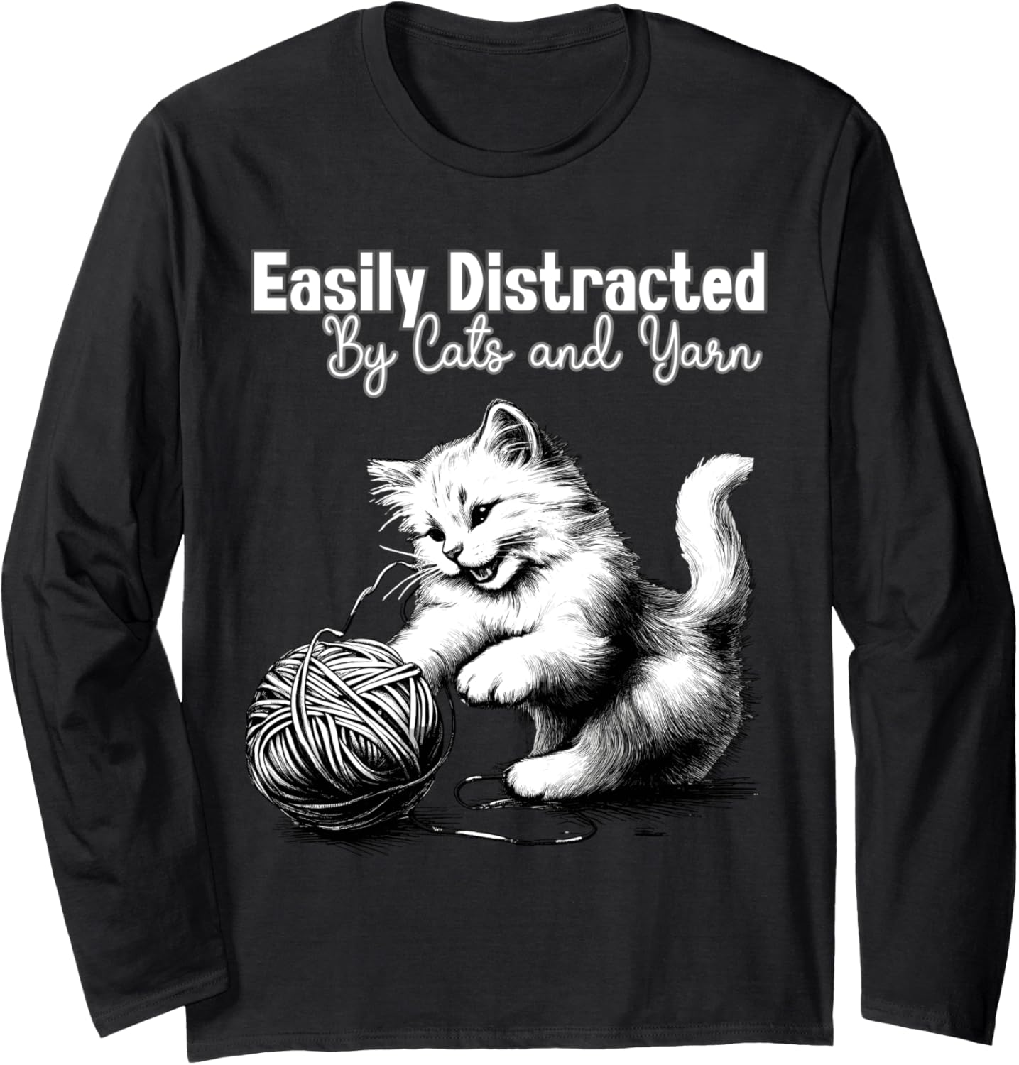 Adorable Knitting and Crochet Happy Cat Yarn Lovers Gift Long Sleeve
