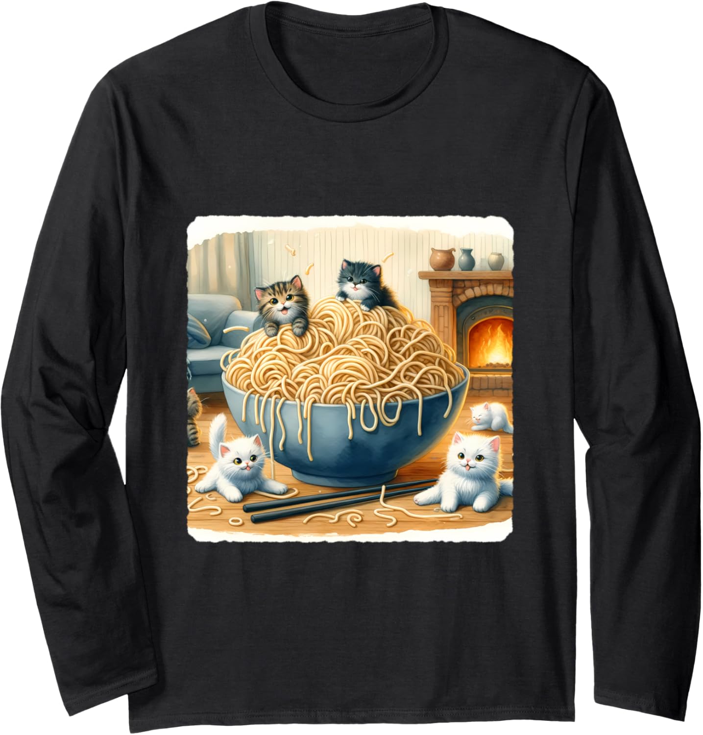 Ramen Noodles As Tangled Yarn With Kittens. Fireplace Living Long Sleeve
