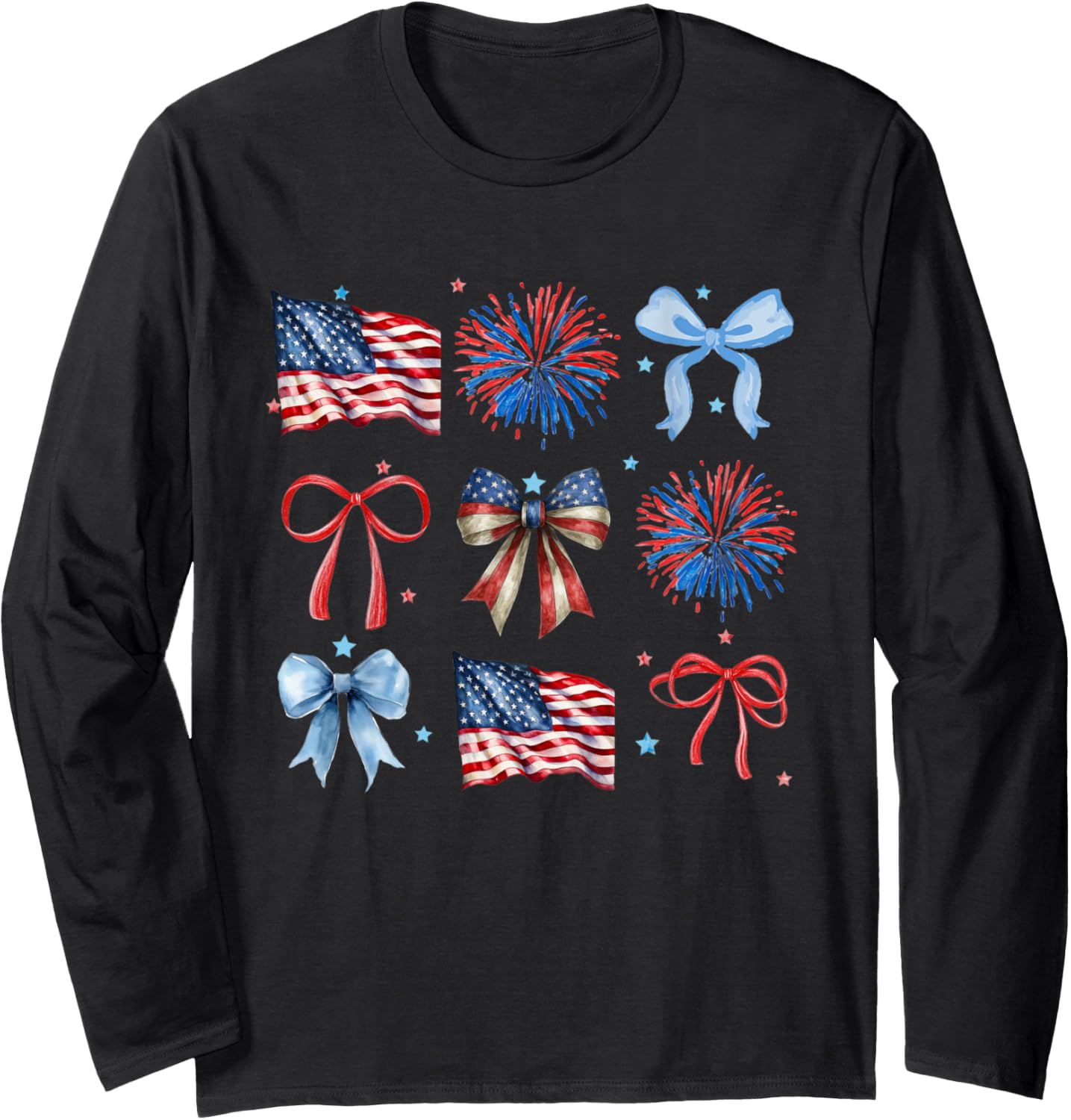 Patriotic 4Th Of July Coquette Bows Usa Flag Fireworks Women Long Sleeve