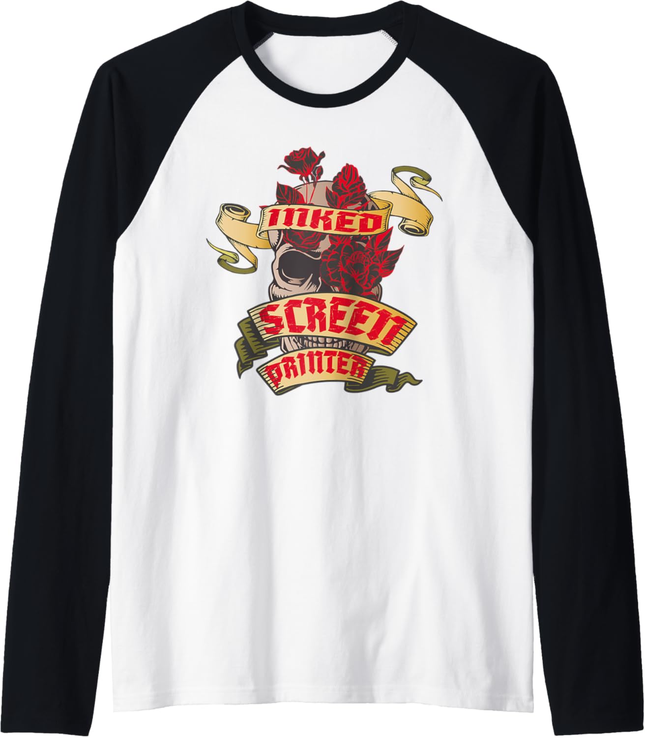 Screen Printer Inked Skull Red Roses Tattoo Raglan Baseball Tee