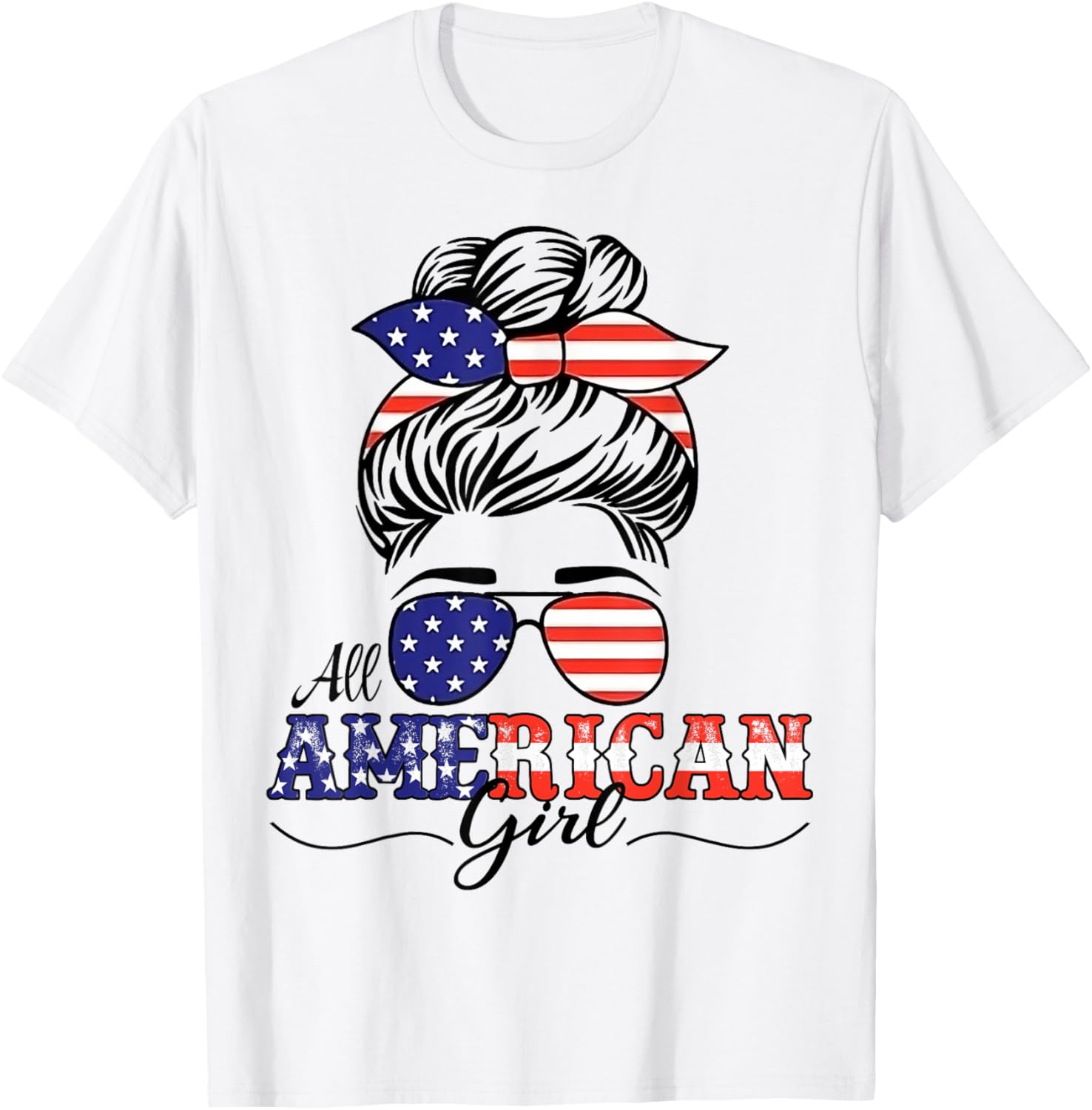 All American Girl 4Th Of July Shirt Women Messy Bun Usa Flag