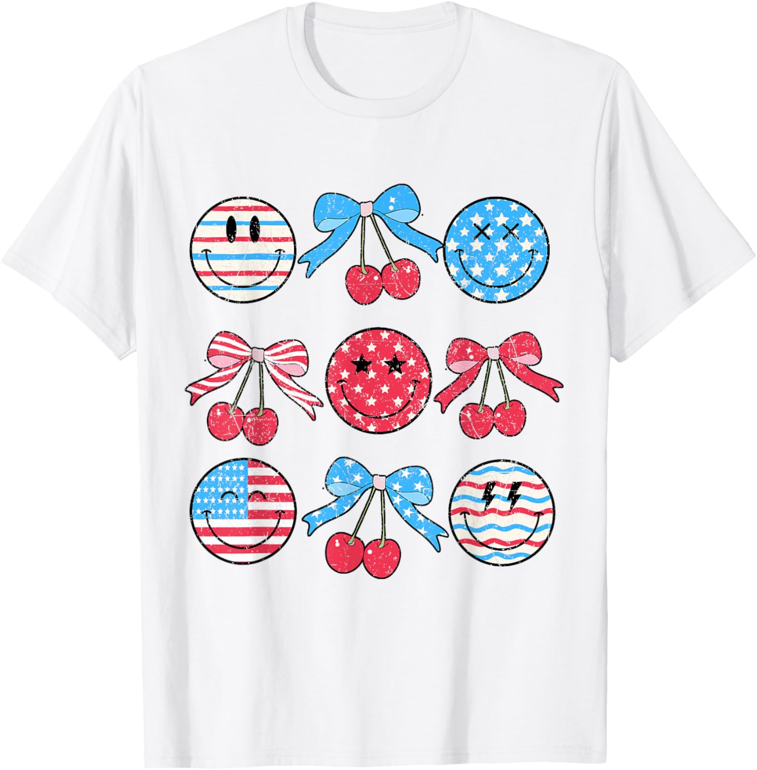 4Th Of July Smile Face Cherries Bow Red White Blue Usa Flag