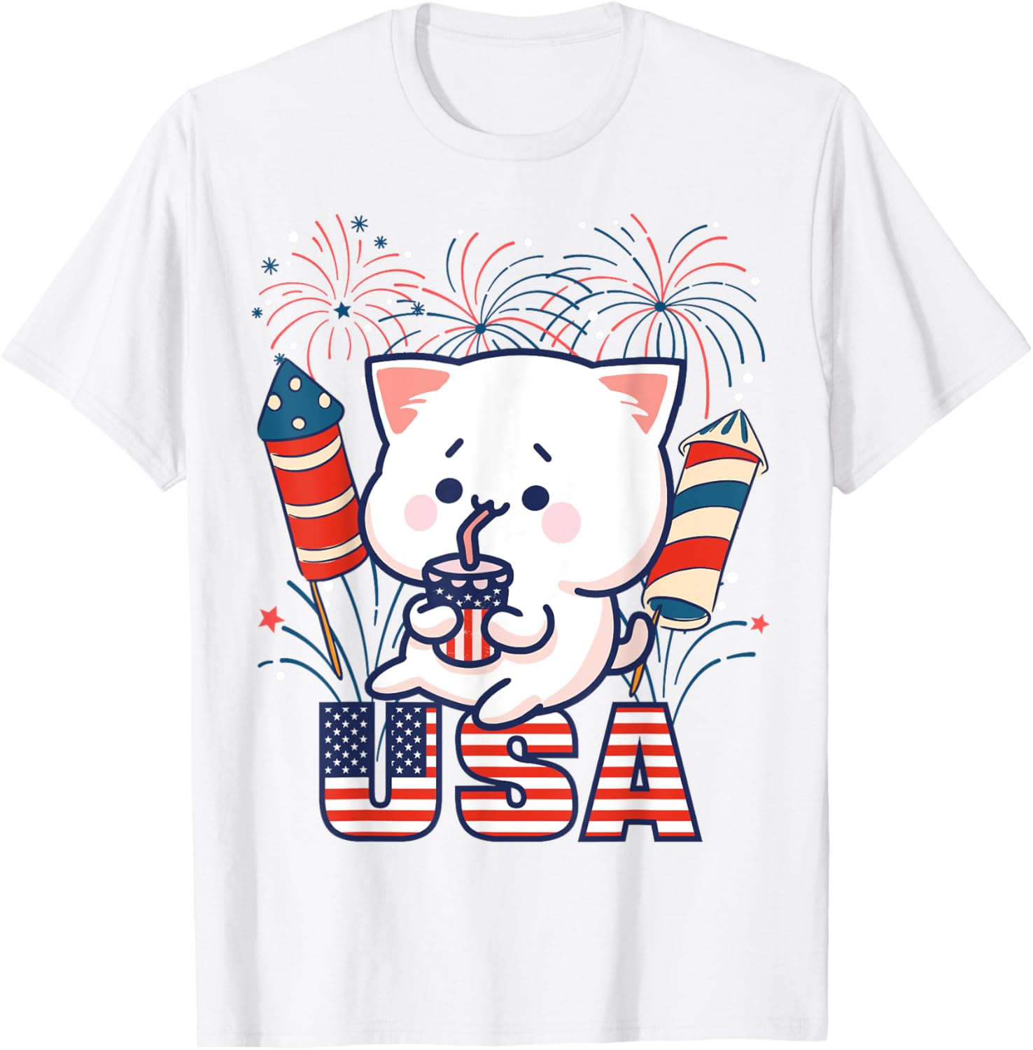 Usa Kawaii Cat Fireworks 4Th Of July