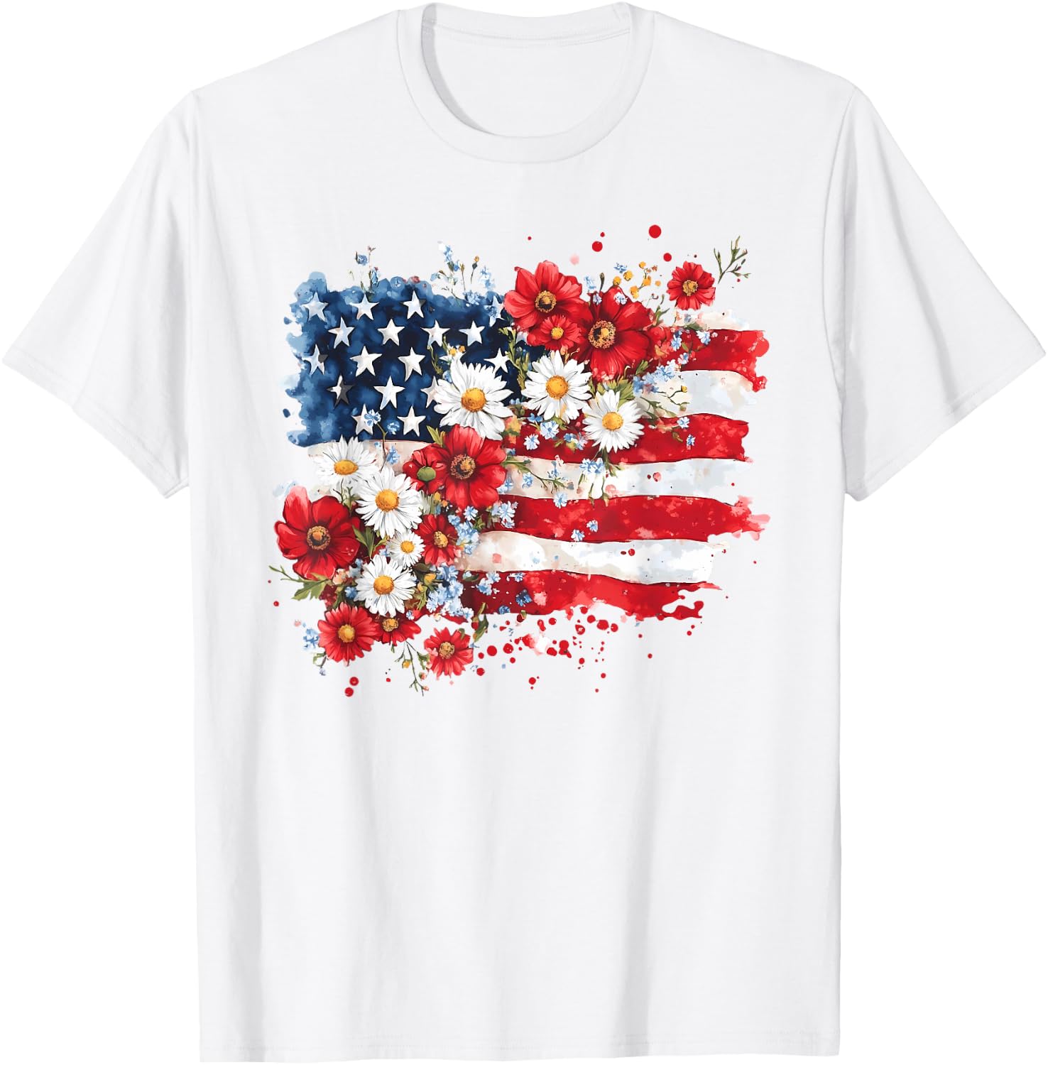 4th of July Floral American Flag Wildflowers Patriotic Shirt for Women 247