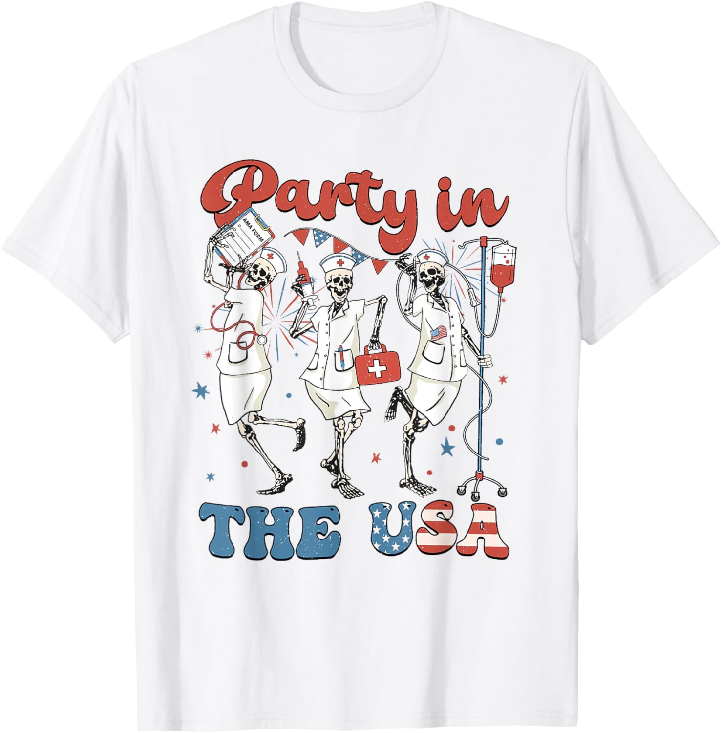 Party In The Usa Funny Skeleton Nurse American Flag