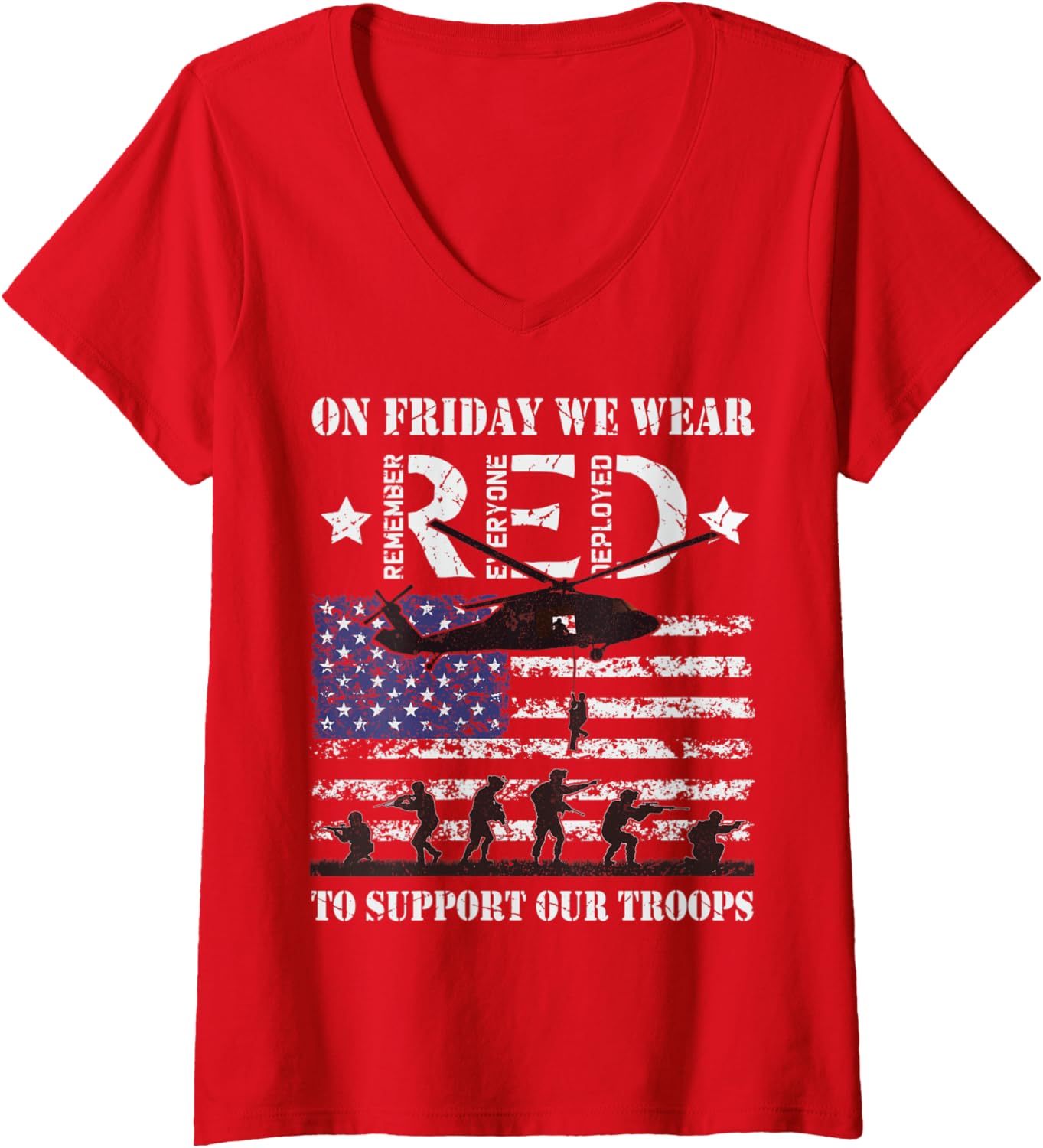 Womens Red Shirt Friday Support Our Troops Deployed Veteran Us Flag V Neck