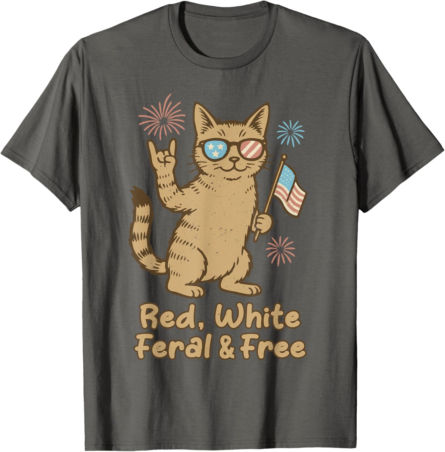 Red White Feral And Free Cat Funny Fourth Of July Kids Tees
