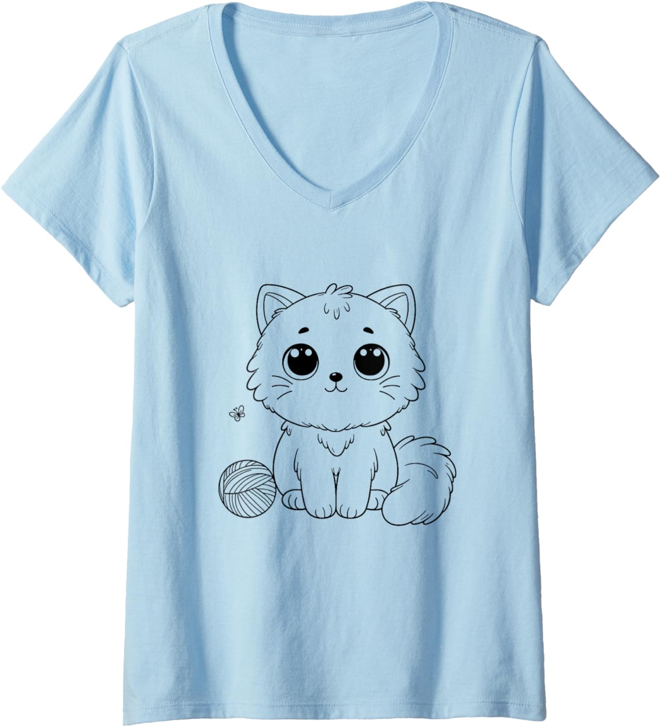 Cute Cartoon Kitten Big Eyes Adorable Ball Of Yarn V-Neck